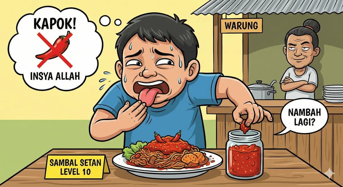 •	"Tobat Sambal: Pedas, Kapok, tapi Besok Nambah Lagi. Masih Diterima Nggak, Ya?"