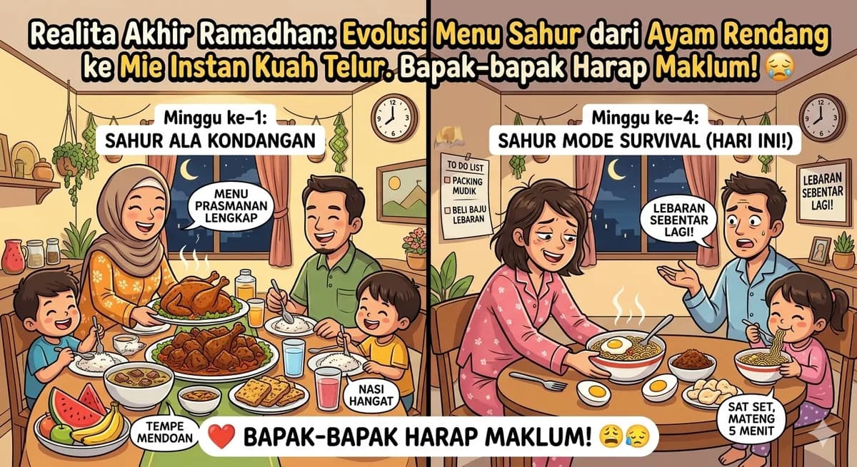 Realita Akhir Ramadhan: Evolusi Menu Sahur dari Ayam Rendang ke Mie Instan Kuah Telur. Bapak-bapak Harap Maklum!