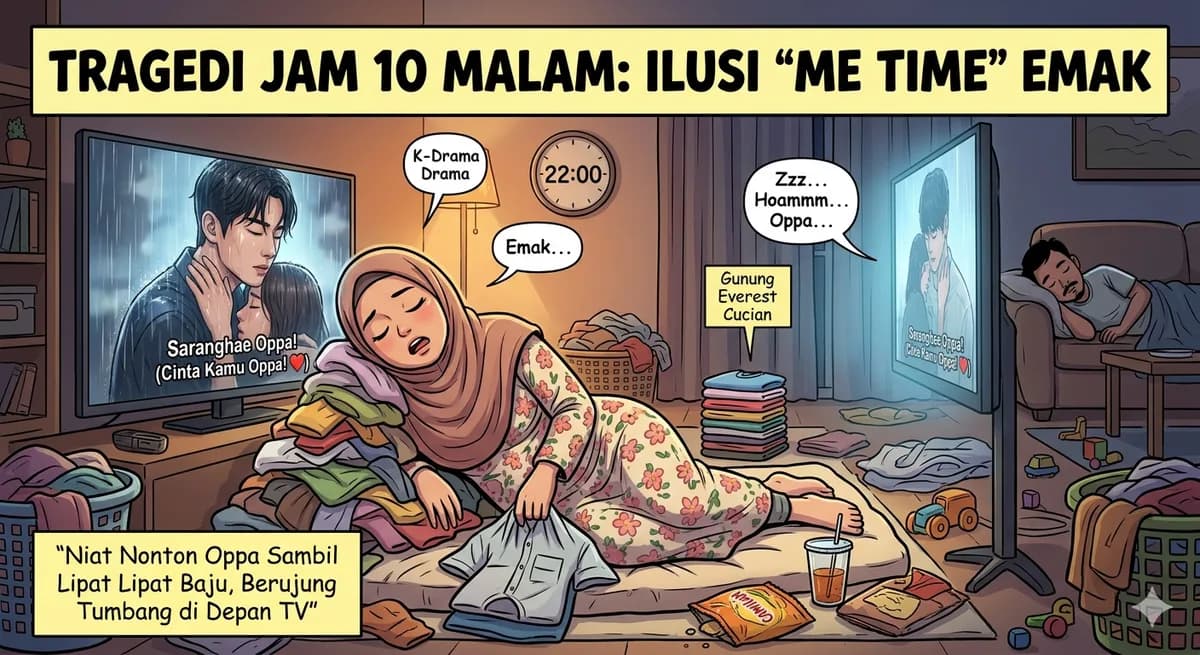Tragedi Jam 10 Malam: Ilusi "Me Time" Emak, Niat Nonton Oppa Sambil Lipat Baju, Berujung Tumbang di Depan TV