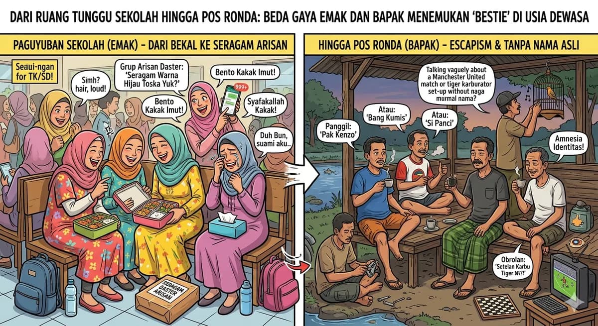 Dari Ruang Tunggu Sekolah hingga Pos Ronda: Beda Gaya Emak dan Bapak Menemukan "Bestie" di Usia Dewasa