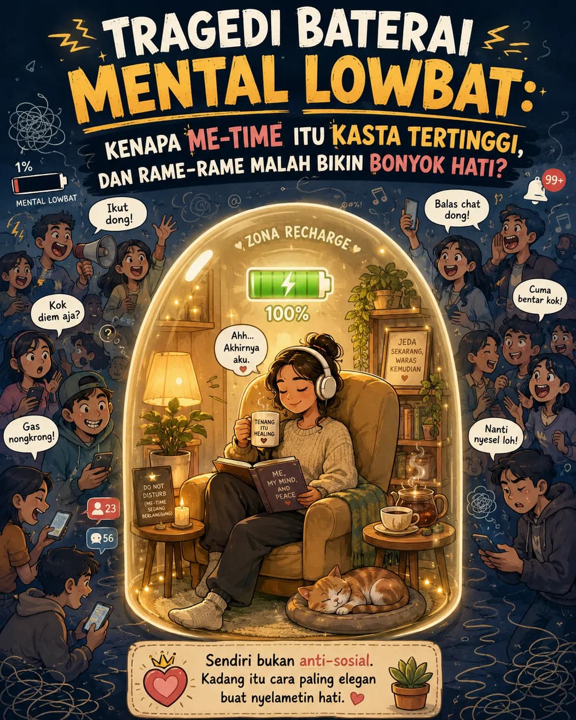 Tragedi Baterai Mental Lowbat: Kenapa Me-Time Itu Kasta Tertinggi, dan Rame-Rame Malah Bikin Bonyok Hati?