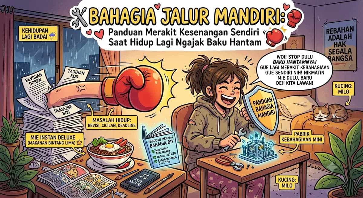 Bahagia Jalur Mandiri: Panduan Merakit Kesenangan Sendiri Saat Hidup Lagi Ngajak Baku Hantam