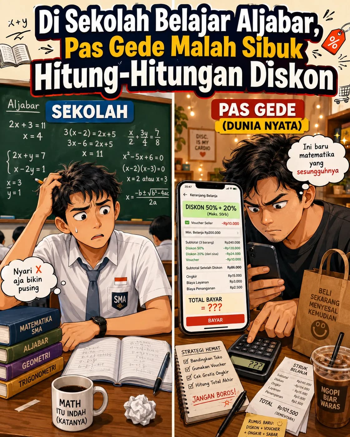 Di Sekolah Belajar Aljabar, Pas Gede Malah Sibuk Hitung-Hitungan Diskon